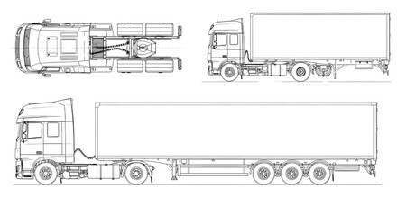 Truck with Semi Trailer AutoCAD Blueprint Vector &ndash; Multi View Industrial Transport Technical Drawing