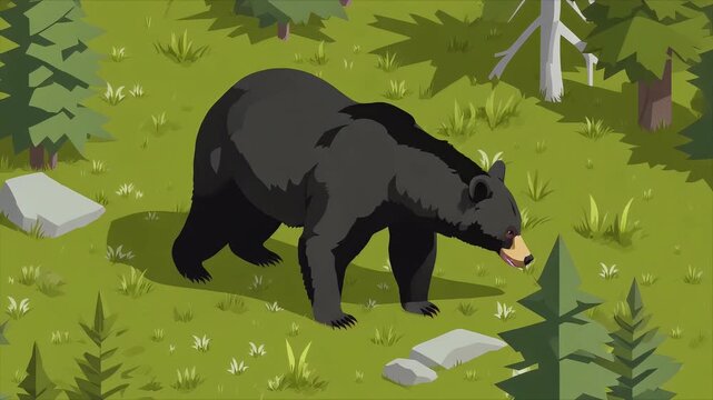 A black bear forages in a lush green meadow dotted with rocks and evergreen trees, showcasing a stylized and vibrant illustration of wildlife in its natural habitat.