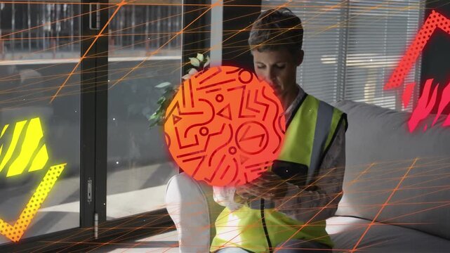 Animation of abstract colorful shapes over caucasian female architect using a smartphone