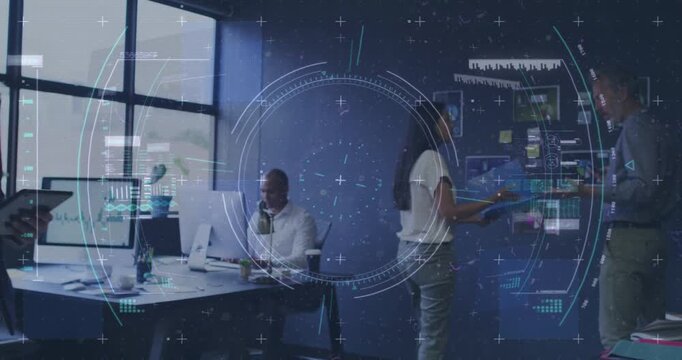 Animation of data processing and scope scanning over diverse man and woman discussing at office