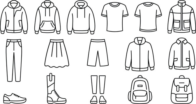 Vector illustration showcasing diverse clothing items and accessories arranged in a neat grid perfect for fashion design projects and apparel collections.