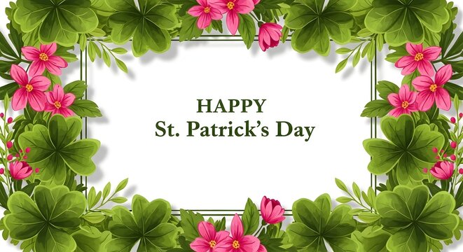 Happy st patrick's day wishes with green leaves and pink flowers frame