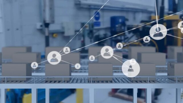 Animation of network of connections with icons over cardboard boxes on conveyor belt