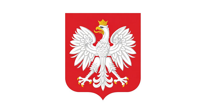 The coat of arms of poland featuring a white eagle on a red shield.