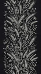 Pionowy wzór bezszwowy przedstawiający wysokie trawy, kłosy i drobne kwiaty. Tapeta, tło z motywem roślinnym