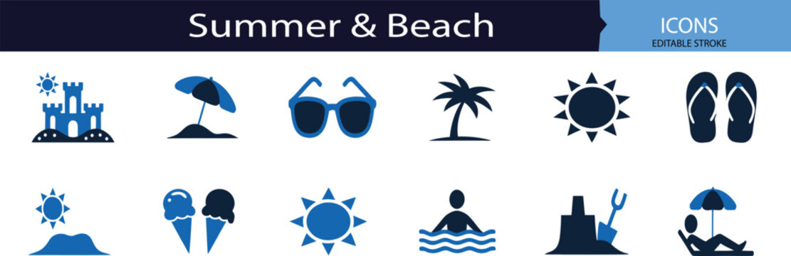 Luxury Line Art Summer Beach Icon Collection with Editable Stroke Minimalist Vacation Symbols