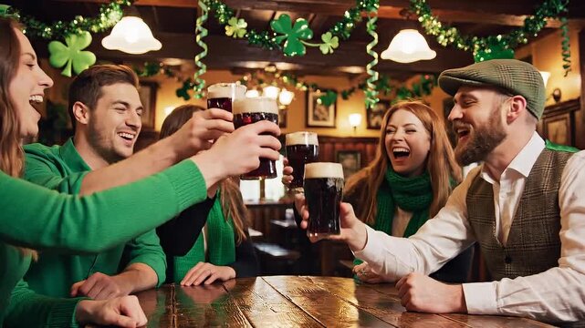 Friends in green cheering and toasting with dark beer in a lively Irish pub on St Patrick's Day with a festive parade crowd atmosphere.