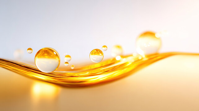 Close-up of gold cosmetic skincare essence emulsion against a beauty cosmetic background