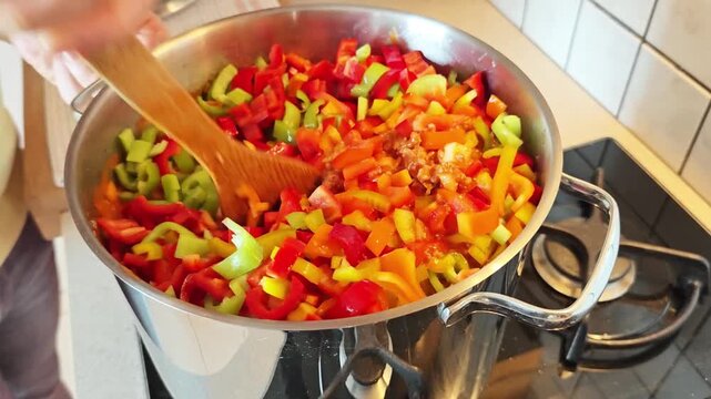 hand using wooden spoon to mix peppers, paprika with minced meat in cooking pot with. Preparation of meat sauce for spaghetti. Home made food, with fresh ingredients. Real life kitchen, lifestyle. Gas