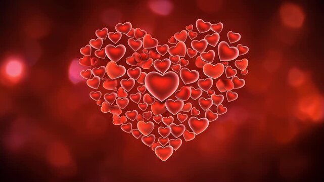 A vibrant and abstract image showcases a large heart shape composed of numerous smaller red hearts, creating a visually striking and romantic composition against a blurred red background.