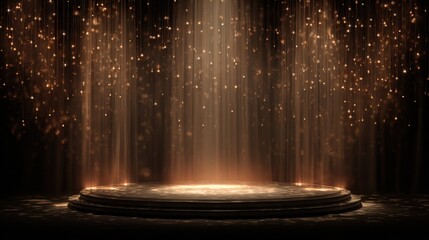 Obraz premium Golden stage podium with glowing spotlight beams and falling confetti. Luxury event showcase background
