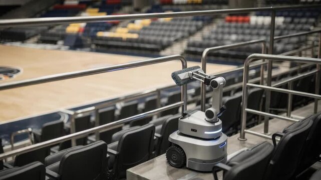 A medium shot highlights a robotic cleaner targeting basketball arena stair railings while the rest of the seating and floor remain softly out of focus.
