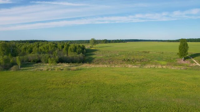 Aerial view of the historic Borodino field, a famous battleground in Russia, on a sunny day