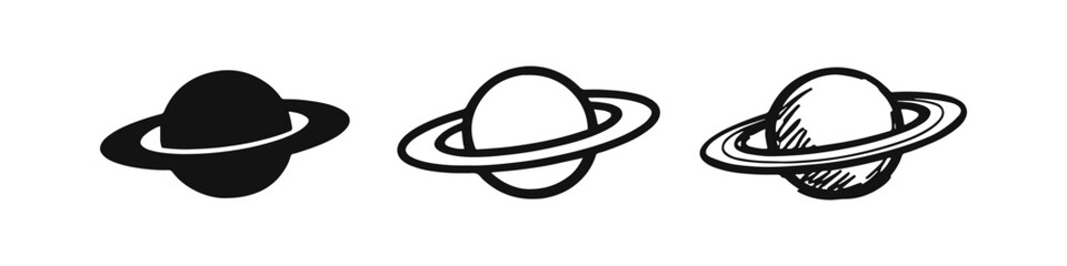 Planet with Rings Icon Set - Saturn, Space, Astronomy, and Solar System Symbol © drawing lines