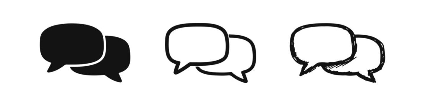 Speech bubble icons set representing chat, message, or communication, in solid, outline, and hand-drawn doodle style.