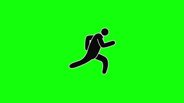 Looping 2D animation of a solid black person icon with white outline running smoothly on bright green chroma key background &mdash; energetic running cycle with arms pumping back and forth.