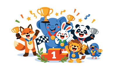 Fototapeta premium Cute cartoon animal characters celebrating victory on a number one podium step with trophies, medals, and confetti