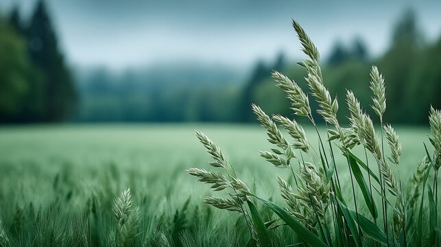 Tall green oat plants in a peaceful rural field