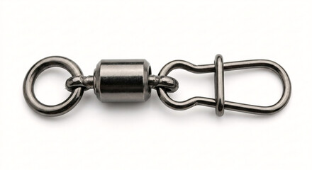 Obraz premium Extreme macro of a professional stainless steel ball bearing fishing swivel with interlocking snap, isolated on white.