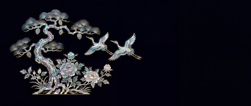 Traditional Korean Mother-of-Pearl Lacquerware Art with Cranes, Pine Tree, and Peonies on Black Background