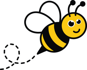 Cute cartoon bee flying with dotted route. Happy insect character vector illustration.