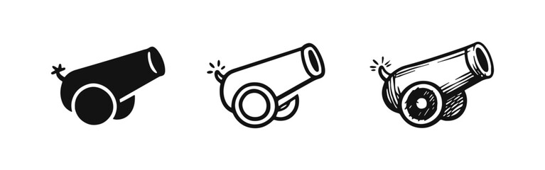 Circus Cannon with Lit Fuse Icon Set (Angled View) © drawing lines