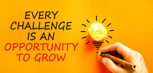 Obraz premium Challenge word symbol. Concept words Every challenge is an opportunity to grow on beautiful orange paper. Beautiful orange background. Business challenge is an opportunity concept. Copy space.