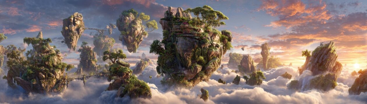 Dramatic view of lush green floating mountains suspended above soft clouds at sunset