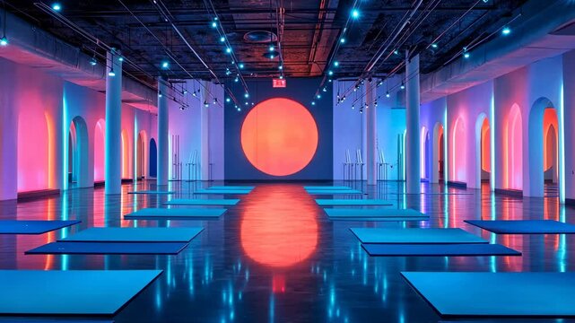 Yoga studio features blue mats in organized rows, vibrant lighting, and a large circular backdrop, creating a calming environment for yoga sessions