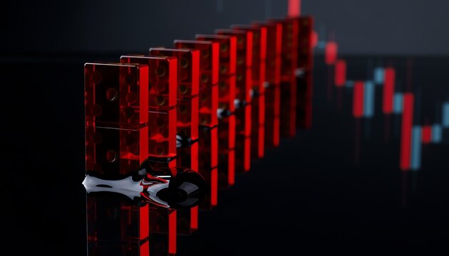 Conceptual 3D illustration of a black oil drop hitting red dominoes against a stock market chart representing the domino effect of energy crisis on global economy