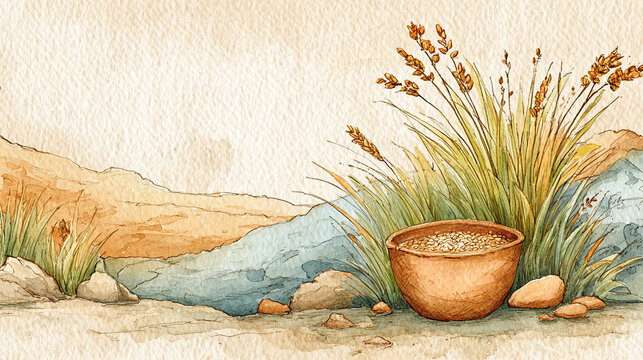 Biblical watercolor illustration of a harvest offering with a clay bowl of grain. Ancient Israel scene representing first fruits, tithing, or a parable.