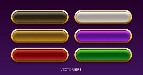 Set of glossy web buttons with luxurious golden frames in various colors. These elegant UI elements are perfect for game interfaces or modern design projects.