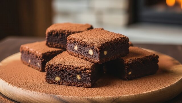 Stack of rich chocolate brownies dusted with cocoa powder on a wooden board with nuts inside