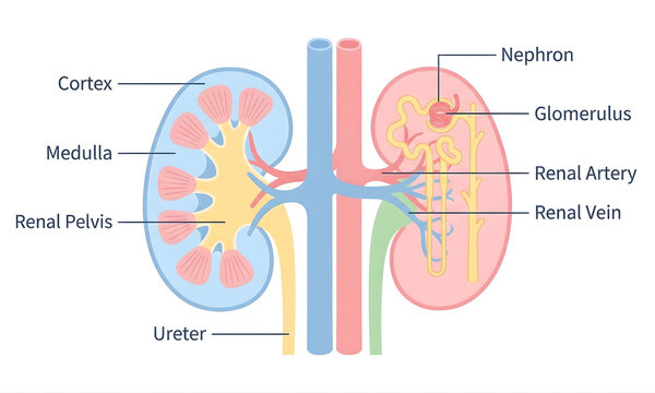 Anatomy of human kidney with labeled parts transparent background
