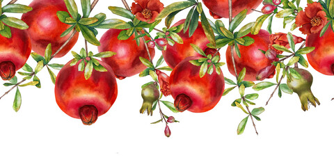 Watercolor seamless border with vibrant pomegranates, buds, flowers and leaves. Illustration for packaging, fabric, kitchen decor, wallpapers, greeting cards and fruit-themed cosmetics. © Mea_ta 