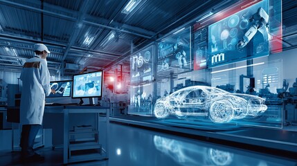 Engineer with computer starts smart electric car factory. Screens display robots, assembly line, data streams, and computer vision improving how things are made.
