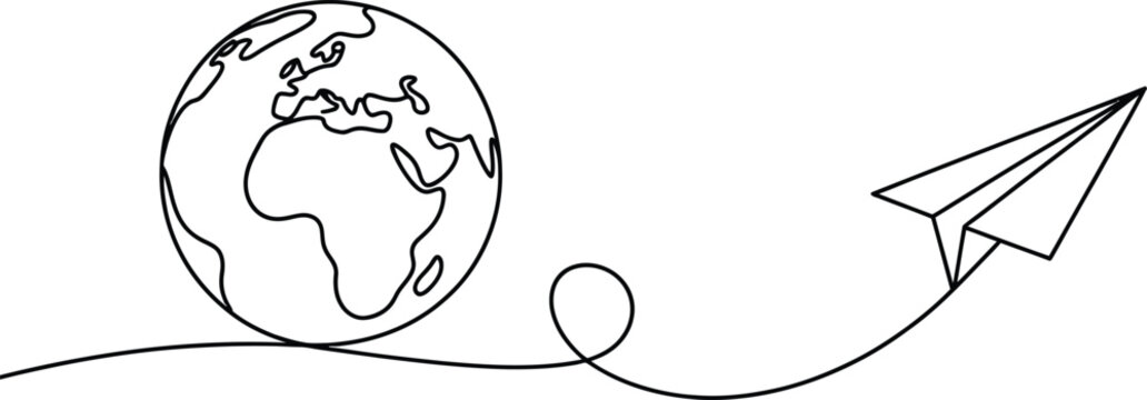 Continuous line drawing of earth globe and paper plane flying through air