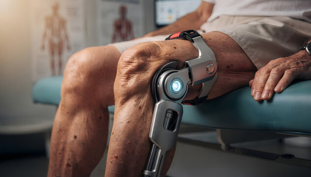 Close-up of an elder adult with a futuristic knee brace, representing concept of advanced medical technology, recovery, rehabilitation and bionic assist