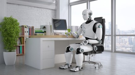Robot sits at office desk.