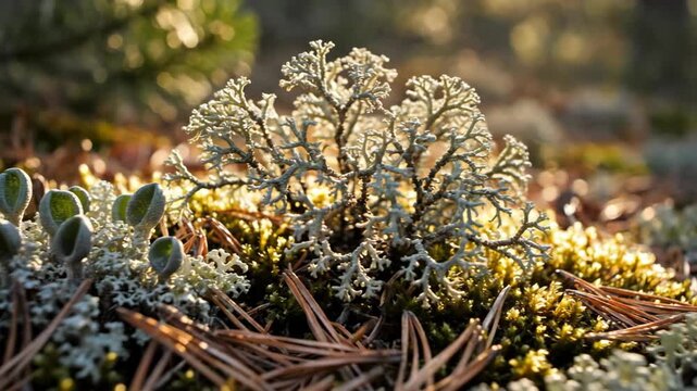 Close-up of lichen and plants in a forest environment with sunlight.