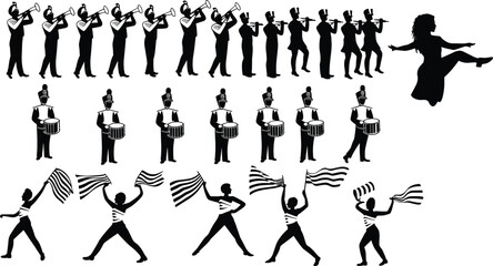 Marching band silhouettes with musicians, drummers, flag performers and dancer performing parade show on white background © Mojammel