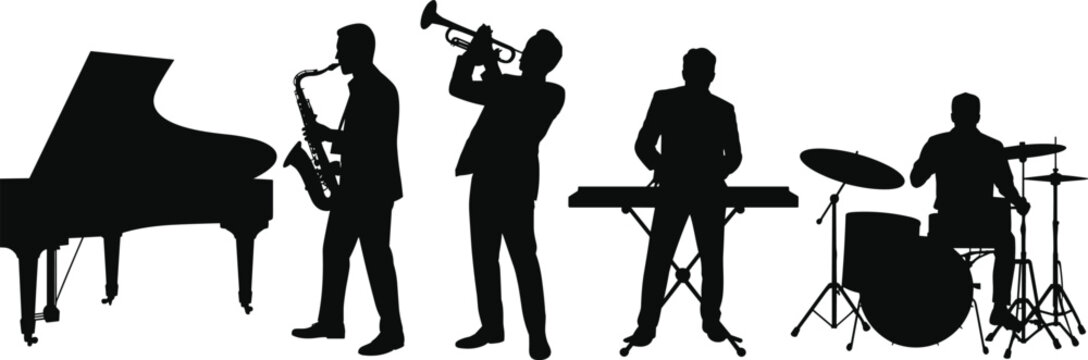 Jazz band silhouette, musicians playing piano saxophone trumpet keyboard drums on white background