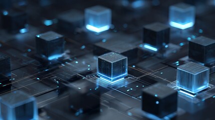 Digital boxes, lit blue, show AI and big data. Futuristic network storage unfolds like a computer blockchain.