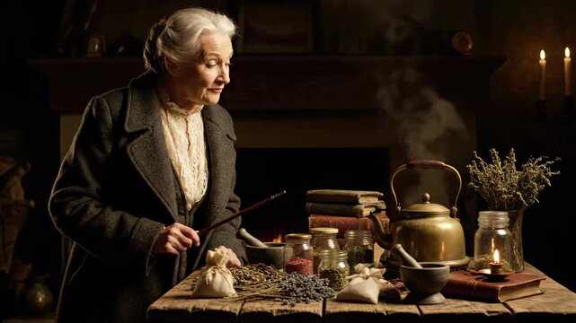 Mysterious Elderly Sorceress Chants a Magic Spell Over a Steaming Kettle in a Candlelit Lair.