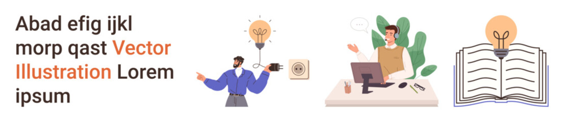 Education, creativity, innovation, teamwork, learning, brainstorming. Business professionals working with lightbulb ideas, open book and plants. Education and creativity concept © robu_s