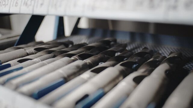 Close up shot a row of large industrial drill bits stored on a shelf in a factory.