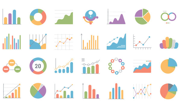 Collection of colorful infographic elements including diverse charts and graphs for data visualization and presentation purposes in a clean and modern design.