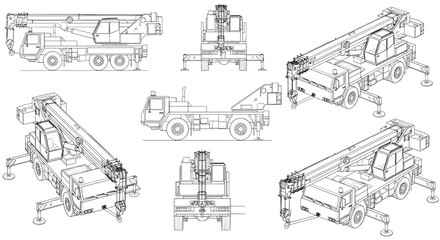 Fototapeta premium Crane Truck AutoCAD Blueprint Vector – Multi View Construction Machinery Technical Drawing