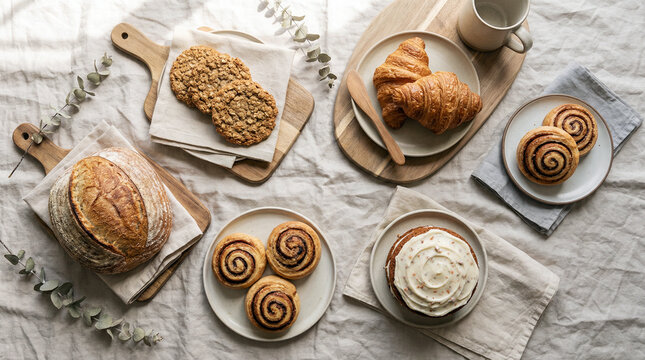 Scandinavian style flat lay of assorted bakery sourdough bread croissants and cinnamon rolls AI generated