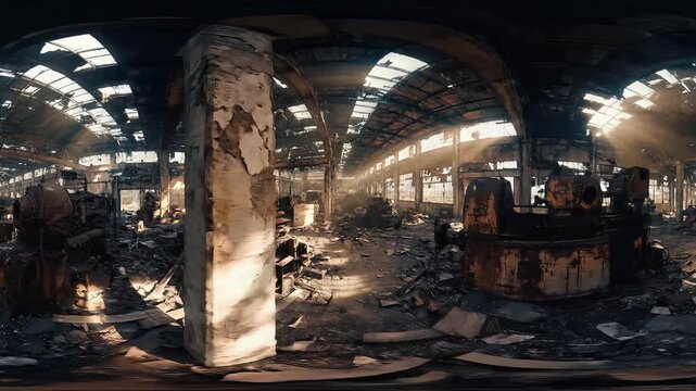 Abandoned Industrial Warehouse Interior with Debris and Ruins, a Scene of Negligence and Decay.mp4